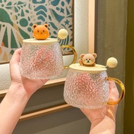 Cute little bear glass water cup with lid spoon male and female students with high-value m可爱小熊玻璃水杯带盖