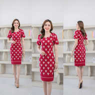 เดรสผ้าทอลายหัวใจ แต่งโบว์ไหล่ คอหัวใจ อัดกาวทั้งชุด สวยน่ารักสุดๆ (S-2XL) KS461