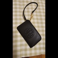 TORY BURCH Ella Bio 可吊掛雙T徽標皮革拉鍊卡片夾/零錢包(黑色)