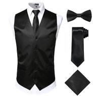 ZEROYAA Men's Solid 4pc Shiny Satin Vest Necktie Bowtie Pocket Square Set for Suit or Tuxedo