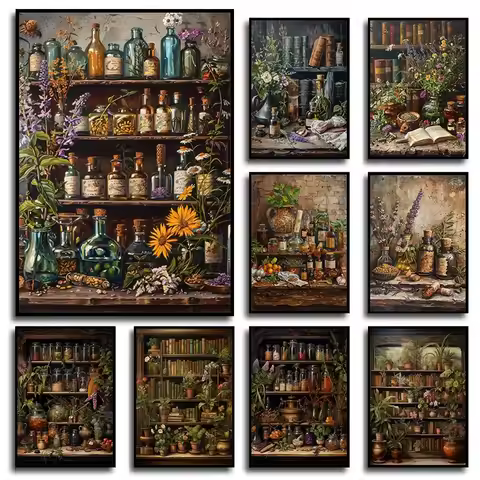 Vintage Apothecary Wizard Books Jars Herbal Plant Posters and Prints Canvas Printing Wall Art Pictur