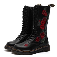 14Hole Embroidery Dr. Martens Boots Women's First Layer Soft Cowhide British Genuine Leather Motorcycle Boots round Head