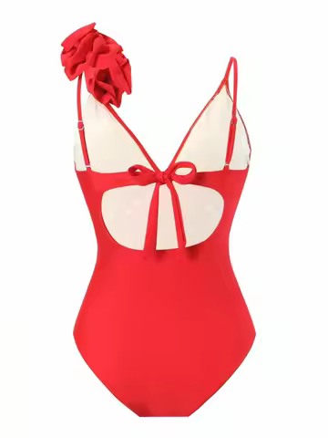 V-Neck Red One-Piece Swimsuit With 3D Flower Accent And Sheer Cutout Detail