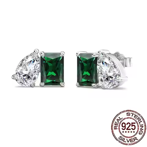 CWWZircons S925 Pear&Rectangle Cut Stud Earrings Emerald‑Green Mixed Color CZ Earring Women Luxury P