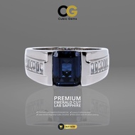 CG Premium Lab Corundum Blue Sapphire Channel Setting with Baguette Cubic Zirconia Silver Men’s Ring
