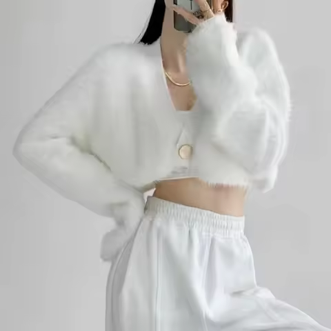 Fuzzy Crop Cardigan with One Button Front Soft Fluffy Knit Sweater Jacket Women Teen-girl Fall Winte
