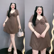 Đầm thiết kế bigsize nữ tay ngắn liền thân cúp ngực cổ xoắn dáng xòe Váy big size chất gân tăm co gi