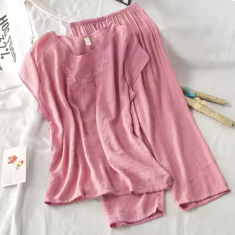 Cotton Linen Pajamas for Women pyjamas Set Embroidery Pigiama pjs Summer Mujer Pijama Sleepwear Nigh