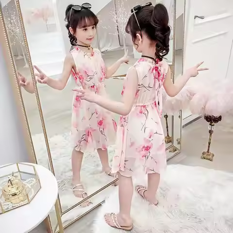 2026 summer kid baby party princess Girls Teenager bohemia floral slip halter dress chiffon 4 5 6 7 