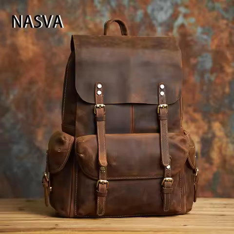 NASVA Genuine Leather Men's Backpack Vintage Bag Outdoor Travel Backpack Laptop Backpack Schoolbag F