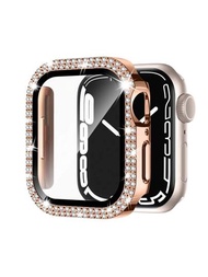 適用於apple Watch Case Series 9/87/6/5/4/3/2/1/se 38 40 41 42 44 45毫米,附帶鋼化玻璃屏幕保護貼,雙重閃鑽水晶鑲嵌保護框總體硬pc超薄保護套