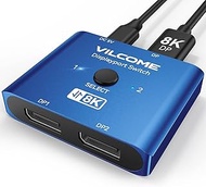 Vilcome DisplayPort Switch 8K Splitter, Plug &amp; Play, One-Button Switching, Bidirectional Display Port Switcher Box 2 in 1 Out/ 1 in 2 Out, 8K@60Hz, 4K@120Hz, 1080P@240Hz for PC Monitor Laptop (Blue)