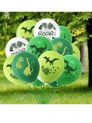 12入組恐龍主題氣球12英寸白色咆哮、蘋果綠色翼龍、綠色霸王龍、深綠色手腕龍，適合幼稚園、購物中心、學校兒童生日派對裝飾
