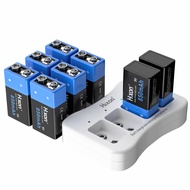 9V Rechargeable Battery Charger Pack, 8-Pack 850mAh 9 Volt Li-ion Batteries & 9v Battery Charger for