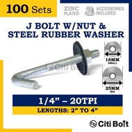 100set J Bolt Set / Hook Bolt / Roofing Screw, Galvanized Iron GI, 1/4" ( 1/4 - 20TPI ), CITI BOLT