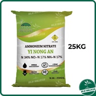 YI NONG Ammonium Nitrate (AN) 25KG N 34% NO3-N 17% NH4-N 17% Fertilizer Baja Tunggal 硝酸铵