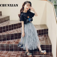 [2-14Y] Baju Budak Perempuan Set Short Sleeve Tshirt+Skirt Mesh Baju Dress Budak T Shirt Budak Perem