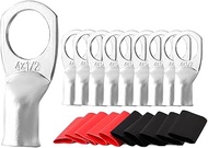 10PCS 1/0 Awg-3/8" Copper Wire Lugs with 3:1 Heat Shrink Tubing, Marine Grade Ring Terminal Connecto