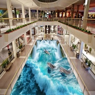 Custom 3D Flooring Mural Wallpaper Stereoscopic Dolphin Waterfall