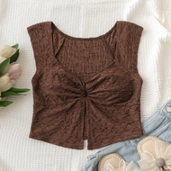 WYWH เสื้อยืดผ้าพื้นผิวคอปกที่รักสีน้ำตาลวันหยุดของผู้หญิง, เสื้อยืดสีน้ำตาลร่องจีบ