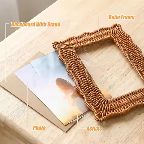 Boho Style Vintage Rattan Photo Frames 4x6 Inch PP Woven Picture Frame Handmade Rustic Charm Photo F