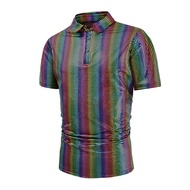Fashion Retro Men's 70s Disco Costume Shirts Shiny Sequins Short Sleeve Buttons  Shirts Blouse Man T