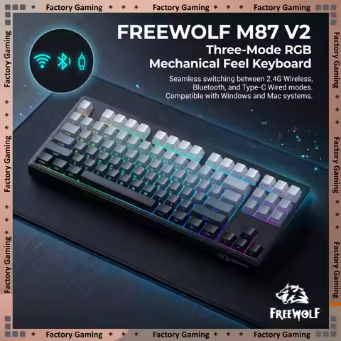 FREEWOLF M87 V2 87 Keys RGB Mechanical Feel Keyboard 3-Mode 2.4G BT Wired Type‑C Backlit Keyboard Fo