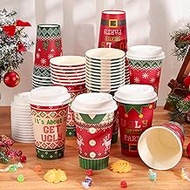 Christmas Paper Cups Xmas Red Green Ugly Sweater Disposable Coffee Cups with Lids 16 Oz To Go Coffee