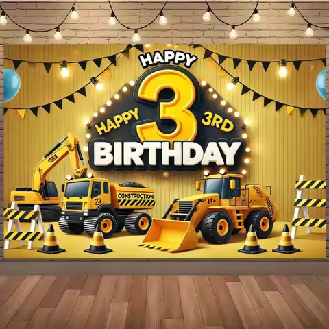 Happy 3rd Birthday Building Theme Background Banner, Excavator Construction Theme 3rd Birthday Party