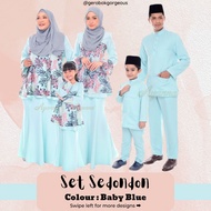 Baju Raya Sedondon Tema Warna Baby Blue (Biru Pastel) Set Family Ayah Ibu Anak Baju Kurung Baju Mela