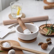 Aesthetic Ceramic Mortar Pestle Bamboo Handle Ceramic Mortar and Pestle