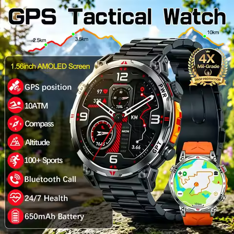 2026 New Military GPS Tactics Smart Watch Men Outdoor Compass 10ATM Waterproof 650mAh Heart Rate Blu