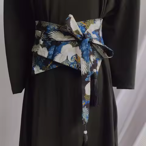 Women Traditional Belt Fashion Streetwear Asian Japanese Kimono Cardigan Obi Crane Printed Yukata Ob