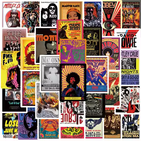 50Pcs Cool Rock Poster Stickers Rock Band Graffiti Stickers Car Phone Laptop Water Bottle Guitar Coo