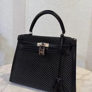 (超級限量品！！）Hermes 89黑Box皮拼馬毛編織銀釦Kelly 25
