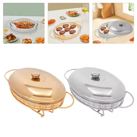 2L-Gold/Silver Glass Oval Buffet Food Serving Tray With Lid Stainless Steel Chafing Warmer Large Cap