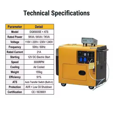 Hiearns 5KVA 6KVA 7KVA Silent Generator 50Hz 220V Auto Start Electric Backup Power Home Use