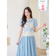 02-356 Short-Sleeved Cotton Shirt Blue And Cream Lace Pattern Cherine Cloudy Blouse-7 Sizes