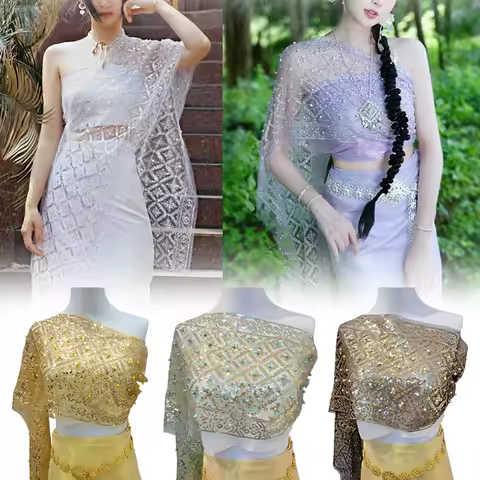 Flash Sequins Thai Traditional Shawl Tops Summer Sunscreen Scarf Wrap Women's Thailand Festival Ethn