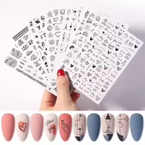 Black and White Love Flowers Line Art 3D Stickers Nail Decals Nail Art Accessories Butterfly Rose Na