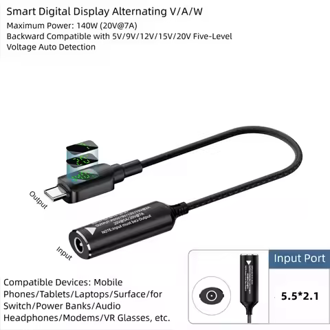 Digital Display DC to Type-C Converter PD 140W 5V 9V 15V 20V Input Power Meter Tester 21cm 5525 7406