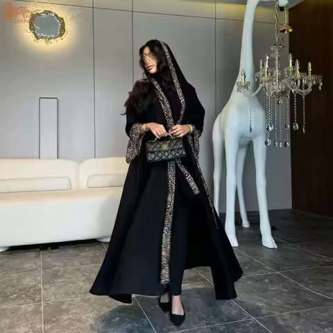 Uni Fashion Leopard Print Maxi Abaya Dubai Patchwork Sleeve Hijab included Muslim Woman Costume 2025