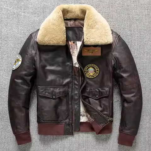 Air Force Flight Jacket Fur Collar Genuine Top Layer Cow Leather Jacket Men Brown Cowhide Men's Wint