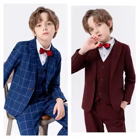 Kids Jacket Vest Pants Bowtie 4Pieces Suit Set For Wedding Children's Birthday Piano Host Chorus Per