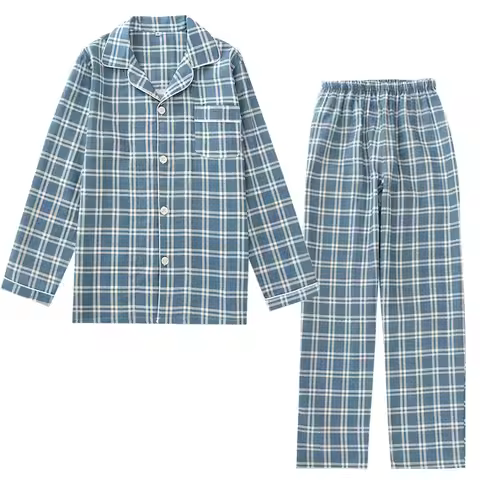 Men's Plaid Pajama Suit 100% Cotton Gauze Thin Casual Pijama Set Long Sleeves Long Trousers Mens Pyj