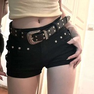 American Style Spicy Girl Dark y2k Bodycon Black Pants with Rivet Design, Denim Ultra Short Shorts f