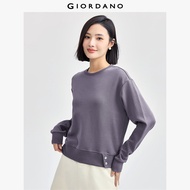 GIORDANO Women Sweatshirts Buttons Hem Solid Color Simple Basic Sweatshirts Crewneck Relaxed Fashion
