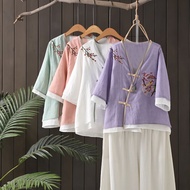 Ethnic Style Embroidered Retro V-Neck Buttoned Top Women Zen Tea Dress Chinese Style Half-Sleeved Sh