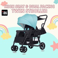 [iDS] FULL Rubber Wheels! Reclining Twin Stroller Double Stroller Dual Stroller Foldable Big Lockable Wheels