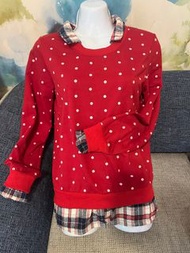 二手$36❤️紅色原點、格紋假兩件式長袖襯衫👗材質偏厚❤️顯瘦設計襯衫～～襯衫領～保暖～有毛球～